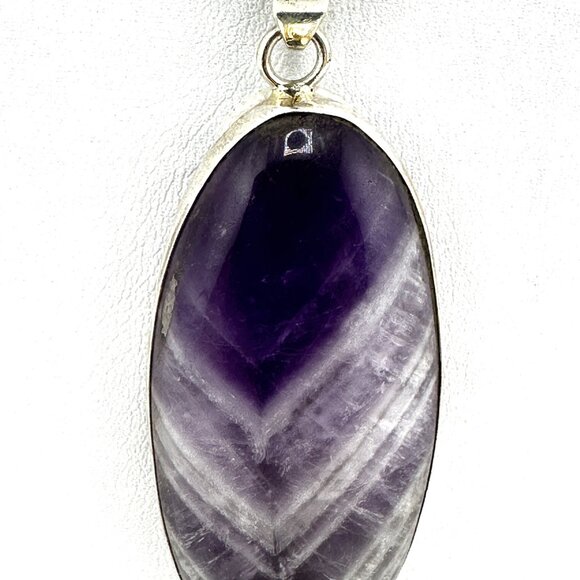 Chevron Amethyst Pendant  Necklace Wrapped in Sterling Silver w/ chain - Picture 4 of 4